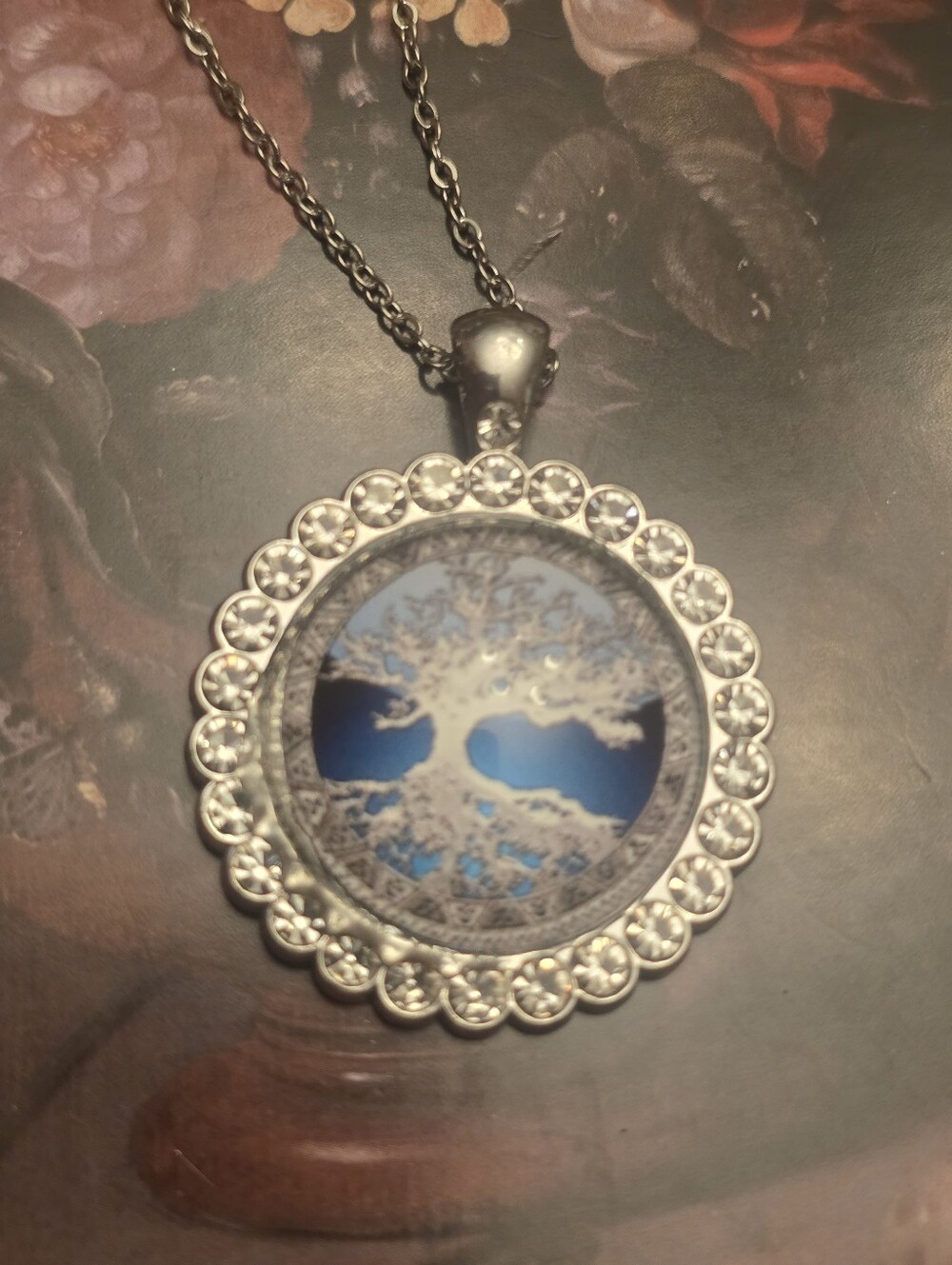 Tree Of Life Glaas Cabochon In Sparkly Rhinestome Frame On Chain Necklace